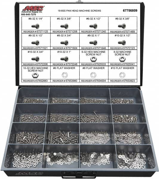 Value Collection - 1,400 Piece, #6-32 to #10-32, Stainless Steel Machine Screw Assortment - Pan Head, Phillips Drive, 1/4 to 1" Long, Grade 18-8 - Makers Industrial Supply