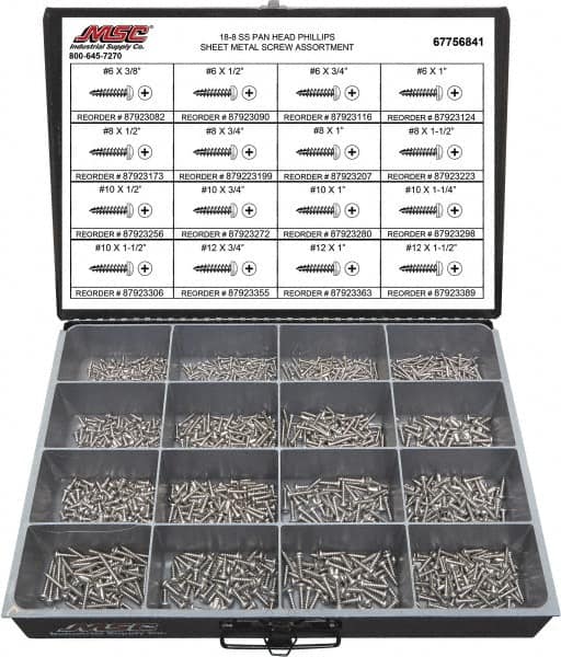 Value Collection - 1,300 Piece, #6x3/8 to #12 x 1-1/2, Stainless Steel Sheet Metal Screw Assortment - Pan Head, Phillips Drive, 3/8 to 1-1/2" Long, Grade 18-8 - Makers Industrial Supply