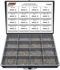 Value Collection - 1,300 Piece, #6x3/8 to #12 x 1-1/2, Stainless Steel Sheet Metal Screw Assortment - Pan Head, Phillips Drive, 3/8 to 1-1/2" Long, Grade 18-8 - Makers Industrial Supply