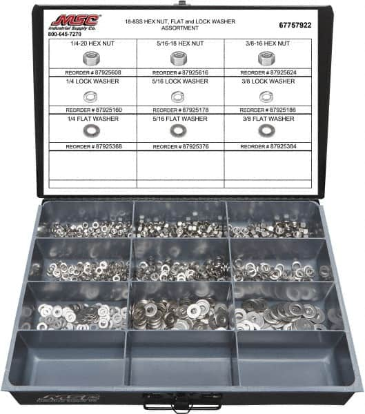 Value Collection - 1/4-20 to 3/8-16 Thread, 750 Piece Stainless Steel Nut & Washer Assortment - Grade 18-8 - Makers Industrial Supply