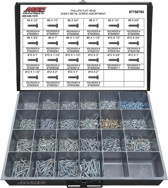 Value Collection - 1,200 Piece, #4x1/2 to #10x2, Steel Sheet Metal Screw Assortment - Flat Head, Phillips Drive, 1/2 to 2" Long, Grade 2 - Makers Industrial Supply