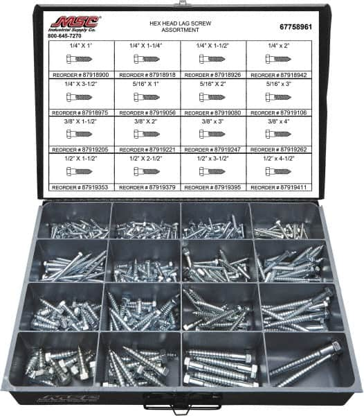 Value Collection - 375 Piece, 1/4x1 to 1/2 x 4-1/2, Steel Lag Screw Assortment - Hex Head, Hex Drive, 1 to 4-1/2" Long, Grade 2 - Makers Industrial Supply