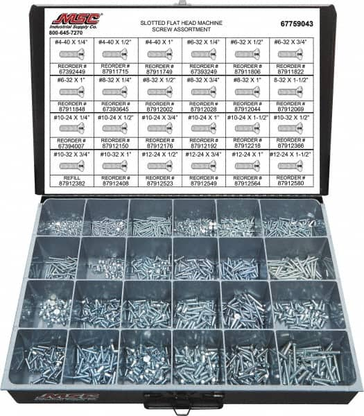 Value Collection - 1,500 Piece, #4-40 to #12-24, Steel Machine Screw Assortment - Flat Head, Slotted Drive, 1/4 to 1-1/2" Long, Grade 2 - Makers Industrial Supply