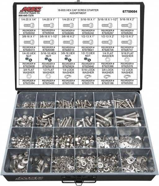 Value Collection - 1,350 Piece Stainless Steel Hex Head Cap Screws - 1/4-20 to 1/2-13 Thread, 18-8 - Makers Industrial Supply