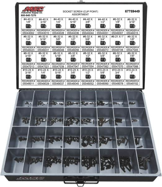 Value Collection - 710 Piece, #4-40 to #10-24, Alloy Steel Set Screw Assortment - Hex Head, Hex Socket Drive, 1/8 to 1" Long - Makers Industrial Supply