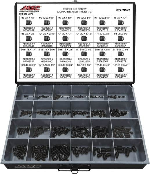 Value Collection - 555 Piece, #6-32 to 1/2-13, Alloy Steel Set Screw Assortment - Hex Head, Hex Socket Drive, 1/8 to 3/4" Long - Makers Industrial Supply