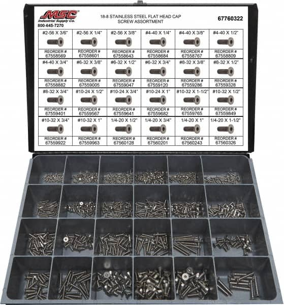 Value Collection - 1,095 Piece Stainless Steel Flat Head Cap Screws - #2-56 to 1/4-20 Thread, 18-8 - Makers Industrial Supply