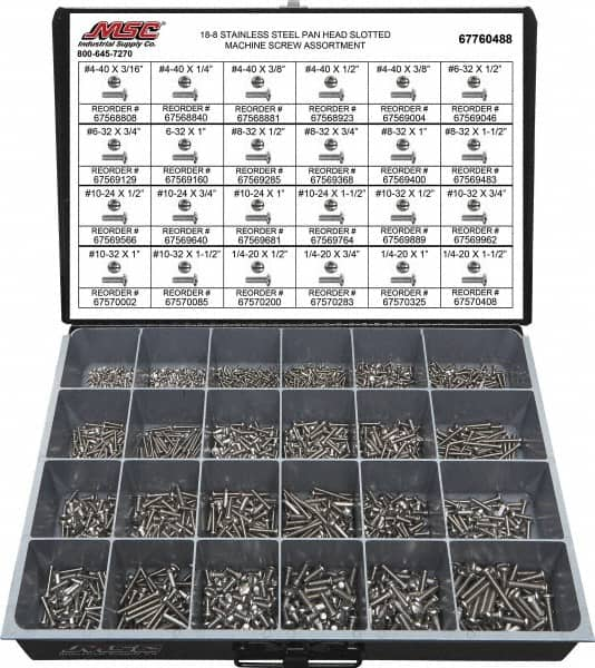 Value Collection - 1,950 Piece, #4-40 to 1/4-20, Stainless Steel Machine Screw Assortment - Pan Head, Slotted Drive, 3/16 to 1-1/2" Long, Grade 18-8 - Makers Industrial Supply