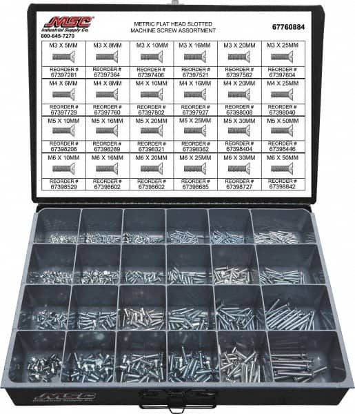 Value Collection - 820 Piece, M3x5.00 to M5x25.00, Steel Machine Screw Assortment - Flat Head, Slotted Drive, 5 to 50mm Long, Grade 2 - Makers Industrial Supply