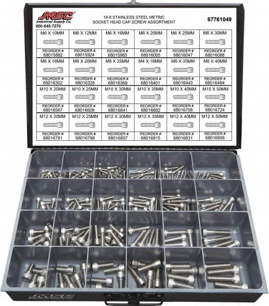 Value Collection - 240 Piece Stainless Steel Socket Head Cap Screws - M6 to M12 Thread, 18-8 - Makers Industrial Supply