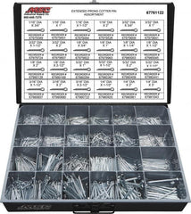 Value Collection - 2,325 Piece, 1/16 to 1/4" Pin Diam, Extended Prong Cotter Pin Assortment - 3/4 to 3" Long, Grade 2 Steel - Makers Industrial Supply