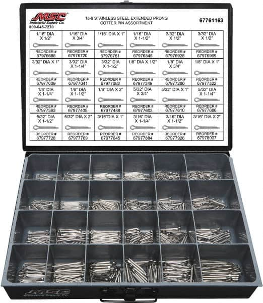 Value Collection - 1,250 Piece, 1/16 to 3/16" Pin Diam, Extended Prong Cotter Pin Assortment - 1/2 to 2" Long, 18-8 Stainless Steel - Makers Industrial Supply