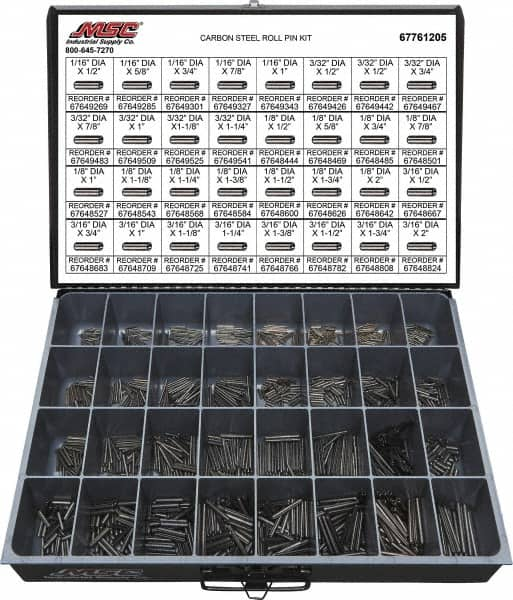 Value Collection - 157 Piece, 1/16 to 3/16" Pin Diam, Spring Pin Assortment - 1/2 to 2" Long, Grade 2 Steel - Makers Industrial Supply