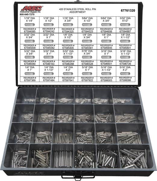 Value Collection - 115 Piece, 1/16 to 5/16" Pin Diam, Dowel Pin Assortment - 1/4 to 2" Long, 402 Stainless Steel - Makers Industrial Supply