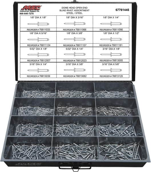 Value Collection - 1,100 Piece, 1/8 to 3/16" Hole Diam, Dome Head, Steel Blind Rivet Assortment - 1/8 to 5/8" Length, Steel Mandrel - Makers Industrial Supply