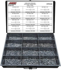 Value Collection - 1,100 Piece, 1/8 to 3/16" Hole Diam, Dome Head, Steel Blind Rivet Assortment - 1/8 to 5/8" Length, Steel Mandrel - Makers Industrial Supply