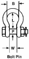 Campbell - 2" Nominal Chain Size, 35 Ton Carbon Steel Bolt Anchor Shackle - 2" Diam, 2" Pin Diam, 7-3/4" High x 3-1/4" Wide Inside Jaw, 5-3/4" Inside Width, 4-7/8" Max Body Thickness - Makers Industrial Supply