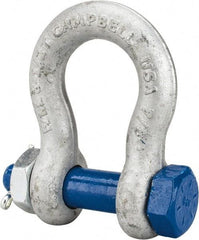 Campbell - 7/8" Nominal Chain Size, 6.5 Ton Carbon Steel Bolt Anchor Shackle - 7/8" Diam, 7/8" Pin Diam, 3-1/8" High x 1-7/16" Wide Inside Jaw, 2-1/16" Inside Width, 2" Max Body Thickness - Makers Industrial Supply