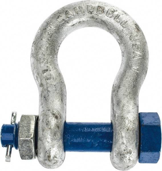 Campbell - 1" Nominal Chain Size, 8.5 Ton Carbon Steel Bolt Anchor Shackle - 1" Diam, 1" Pin Diam, 3-3/4" High x 1-11/16" Wide Inside Jaw, 2-1/2" Inside Width, 2-3/8" Max Body Thickness - Makers Industrial Supply