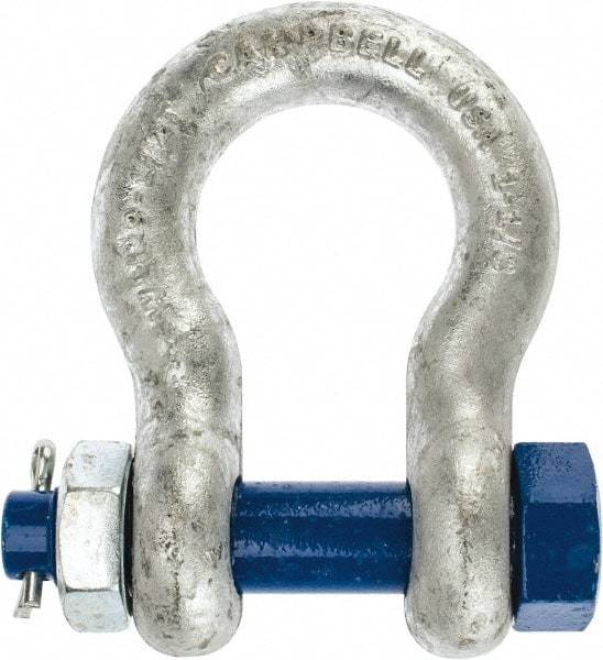 Campbell - 1-1/8" Nominal Chain Size, 9.5 Ton Carbon Steel Bolt Anchor Shackle - 1-1/8" Diam, 1-1/8" Pin Diam, 4-1/4" High x 1-13/16" Wide Inside Jaw, 2-15/16" Inside Width, 2-5/8" Max Body Thickness - Makers Industrial Supply