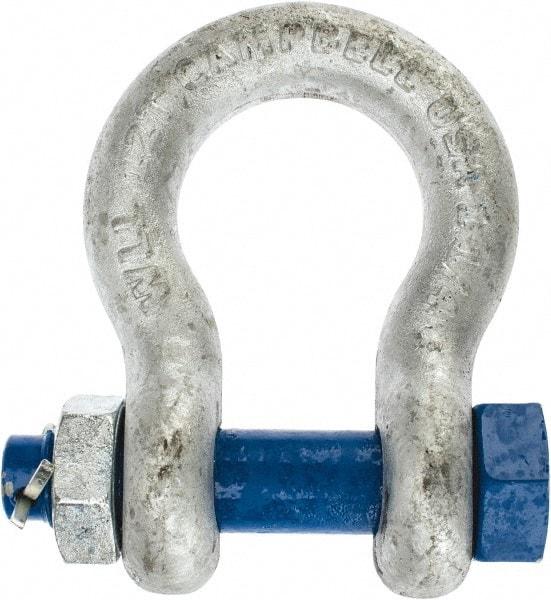 Campbell - 1-1/4" Nominal Chain Size, 12 Ton Carbon Steel Bolt Anchor Shackle - 1-1/4" Diam, 1-1/4" Pin Diam, 4-1/2" High x 2" Wide Inside Jaw, 3-1/4" Inside Width, 3" Max Body Thickness - Makers Industrial Supply