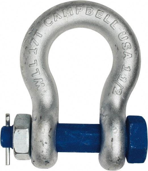 Campbell - 1-1/2" Nominal Chain Size, 17 Ton Carbon Steel Bolt Anchor Shackle - 1-1/2" Diam, 1-1/2" Pin Diam, 5-3/4" High x 2-3/8" Wide Inside Jaw, 3-7/8" Inside Width, 3-1/2" Max Body Thickness - Makers Industrial Supply