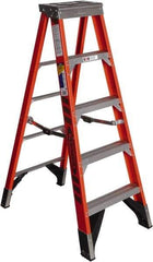 Werner - 4 Steps, 5' High, Type IAA Rating, Fiberglass Step Ladder - 375 Lb Capacity, 24-1/4" Base Width - Makers Industrial Supply