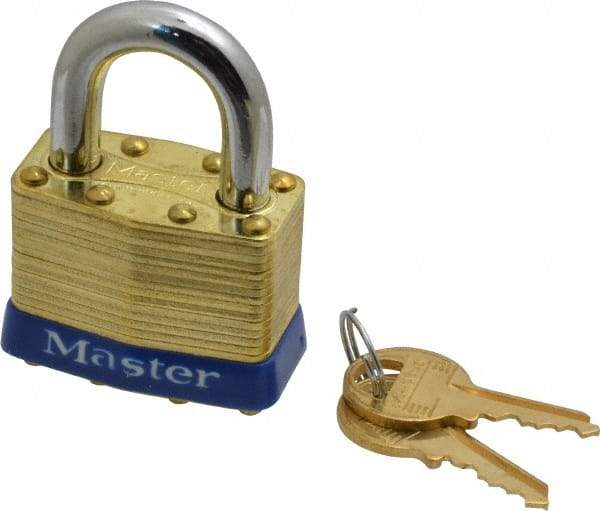 Master Lock - 15/16" Shackle Clearance, Keyed Alike Laminated Brass Padlock - 5/16" Shackle Diam, Brass - Makers Industrial Supply