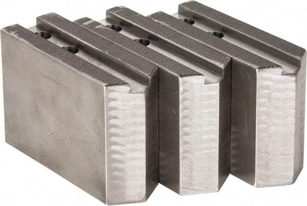 H & R Manufacturing - 1.5mm x 60° Serrated Attachment, Square Soft Lathe Chuck Jaw - 3 Jaws, Steel, 1.181" Btw Mount Hole Ctrs, 5" Long x 1-3/4" Wide x 3-1/2" High, 0.63" Groove, 12mm Fastener - Makers Industrial Supply