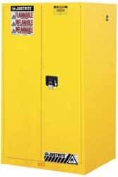 Justrite - 2 Door, 2 Shelf, Yellow Steel Standard Safety Cabinet for Flammable and Combustible Liquids - 65" High x 34" Wide x 34" Deep, Manual Closing Door, 3 Point Key Lock, 60 Gal Capacity - Makers Industrial Supply