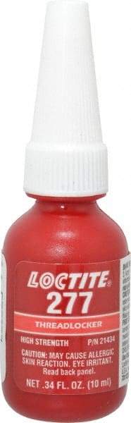 Loctite - 10 mL Bottle, Red, High Strength Liquid Threadlocker - Series 277, 24 hr Full Cure Time, Hand Tool, Heat Removal - Makers Industrial Supply