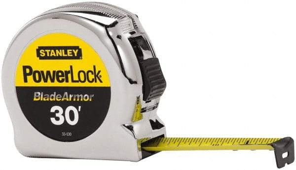 Stanley - 30' x 1" Yellow Blade Tape Measure - 1/16" Graduation, Inch Graduation Style, Silver Case - Makers Industrial Supply