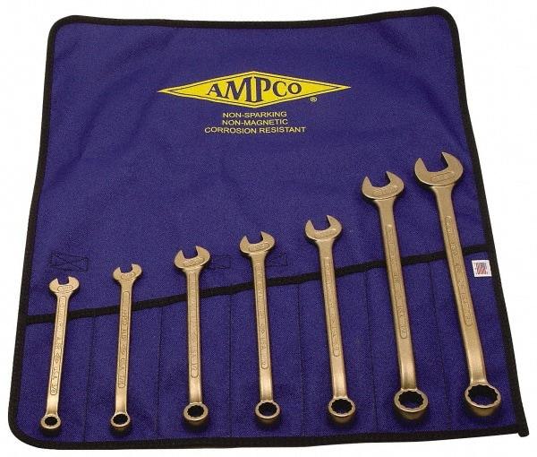 Ampco - 7 Piece, 8mm to 22mm, 12 Point Combination Wrench Set - Metric Measurement Standard, Aluminum Bronze Finish, Comes in Roll-Up Pouch - Makers Industrial Supply