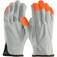 ‎68-163HV/S Leather Drivers Gloves - TG Cowhide - Regular Grade - Hi-Vis Orange Fingertips - Keystone Thumb - Exact Industrial Supply