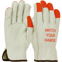 ‎68-165HV/XS Leather Drivers Gloves - TG Cowhide - Superior Grade - Hi-Vis Orange Fingertips & Logo - Keystone - Exact Industrial Supply