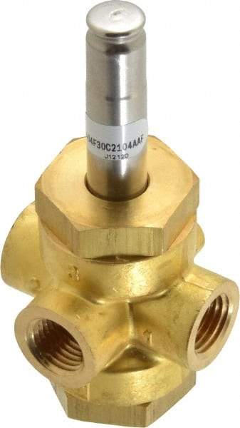 Parker - 1/4" Port, Three Way, Direct Acting, Brass Solenoid Valve - Normally Closed, 125 Max PSI, NBR Seal - Makers Industrial Supply