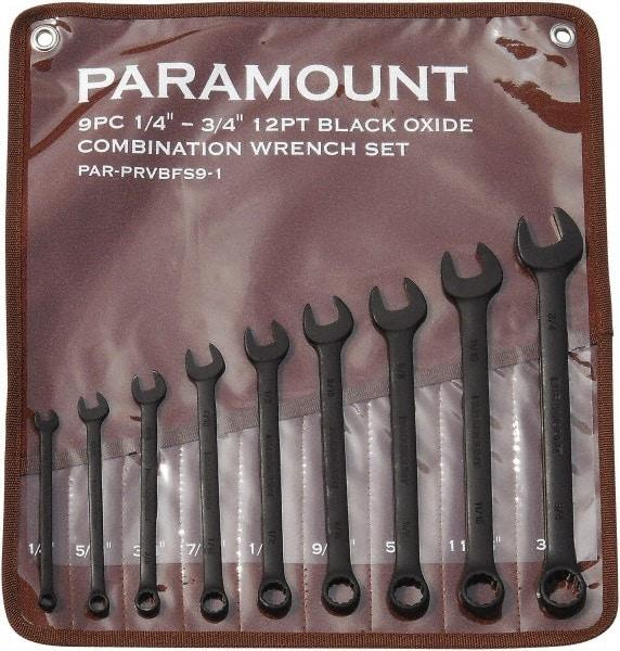 Paramount - 9 Piece, 1/4" to 3/4", 12 Point Combination Wrench Set - Inch Measurement Standard, Black Oxide Finish, Comes in Canvas Roll - Makers Industrial Supply