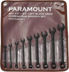 Paramount - 9 Piece, 1/4" to 3/4", 12 Point Combination Wrench Set - Inch Measurement Standard, Black Oxide Finish, Comes in Canvas Roll - Makers Industrial Supply