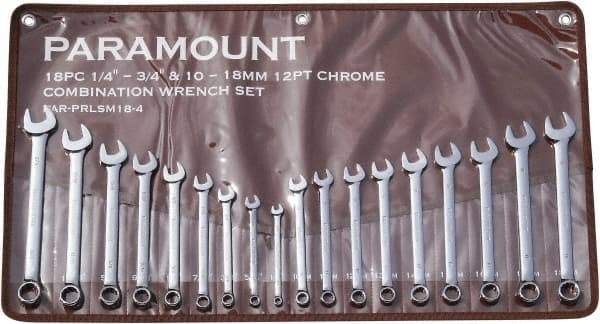 Paramount - 18 Piece, 1/4" to 3/4" (10mm to 18mm), 12 Point Combination Wrench Set - Inch/Metric Measurement Standard, Full Polish Finish, Comes in Canvas Roll - Makers Industrial Supply