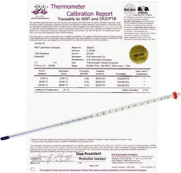 H-B Instruments - -20 to 110°C, Organic Filled Precision Thermometer - 12 Inch Immersion Length - Makers Industrial Supply