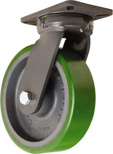 Hamilton - 10" Diam x 3" Wide x 12-1/2" OAH Top Plate Mount Swivel Caster - Polyurethane Mold onto Cast Iron Center, 3,000 Lb Capacity, Sealed Precision Ball Bearing, 5-1/4 x 7-1/4" Plate - Makers Industrial Supply