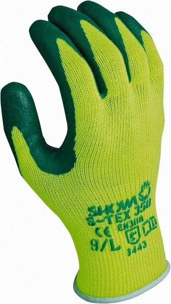 SHOWA - Size M (8), ANSI Cut Lvl 4, Puncture Lvl 3, Abrasion Lvl 4, Nitrile Coated Nitrile Cut Resistant Gloves - 10" Long, Palm Coated, Polyester, Stainless Steel & Kevlar Lining, Knit Wrist, Green/Yellow, Paired - Makers Industrial Supply