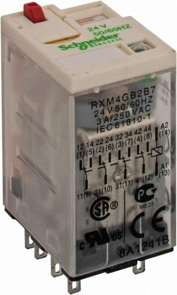 Square D - 14 Pins, 1.2 VA Power Rating, Ice Cube Electromechanical Plug-in General Purpose Relay - 3 Amp at 277 VAC, 4PDT, 24 VAC, 21mm Wide x 40mm High x 27mm Deep - Makers Industrial Supply