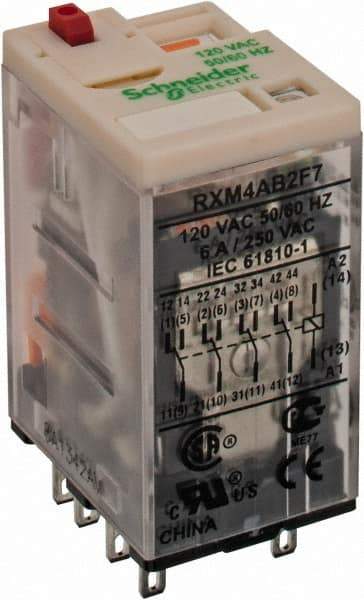 Square D - 14 Pins, 1.2 VA Power Rating, Ice Cube Electromechanical Plug-in General Purpose Relay - 6 Amp at 277 VAC, 4PDT, 120 VAC, 21mm Wide x 40mm High x 27mm Deep - Makers Industrial Supply