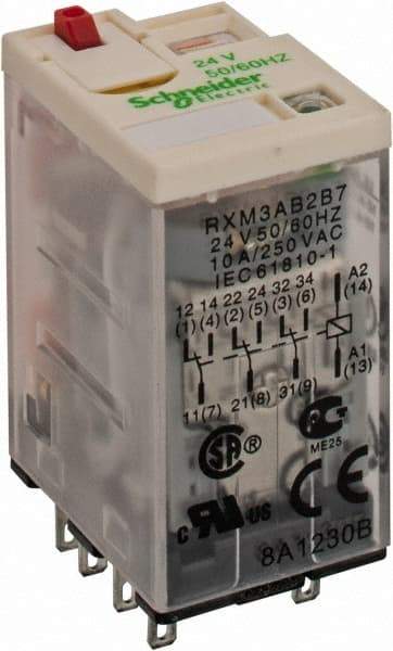 Square D - 11 Pins, 1.2 VA Power Rating, Ice Cube Electromechanical Plug-in General Purpose Relay - 10 Amp at 277 VAC, 3PDT, 24 VAC, 21mm Wide x 40mm High x 27mm Deep - Makers Industrial Supply