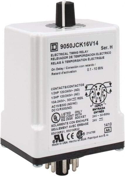 Square D - 8 Pin, 10 min Delay, DPDT Time Delay Relay - 10 Contact Amp, 24 VAC/VDC - Makers Industrial Supply