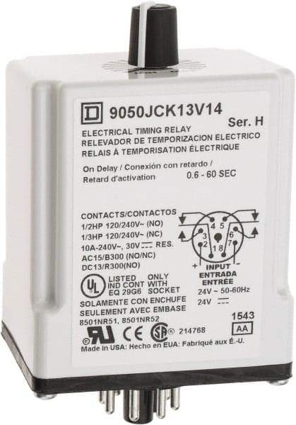 Square D - 8 Pin, 999 hr Delay, DPDT Time Delay Relay - 10 Contact Amp, 24 VAC/VDC - Makers Industrial Supply