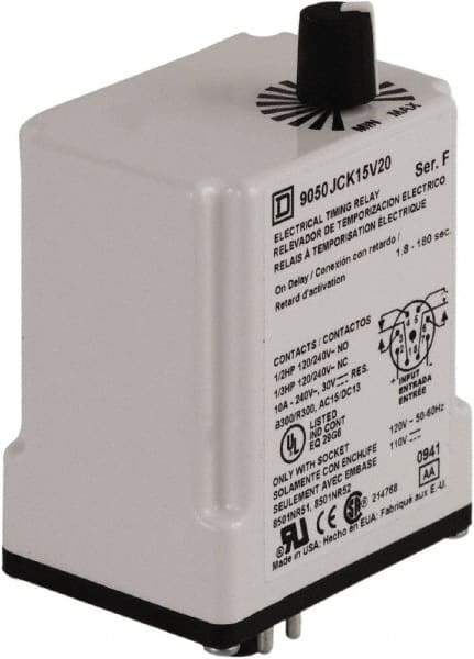 Square D - 8 Pin, 3 min Delay, DPDT Time Delay Relay - 10 Contact Amp, 110 VDC & 120 VAC - Makers Industrial Supply