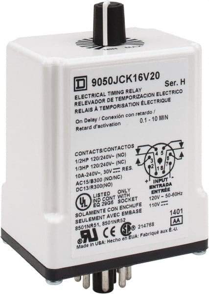 Square D - 8 Pin, 10 min Delay, DPDT Time Delay Relay - 10 Contact Amp, 110 VDC & 120 VAC - Makers Industrial Supply