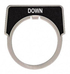 Square D - Half Round, Aluminum Legend Plate - Down - Black Background, White Letters, 1.18 Inch Hole Diameter - Makers Industrial Supply